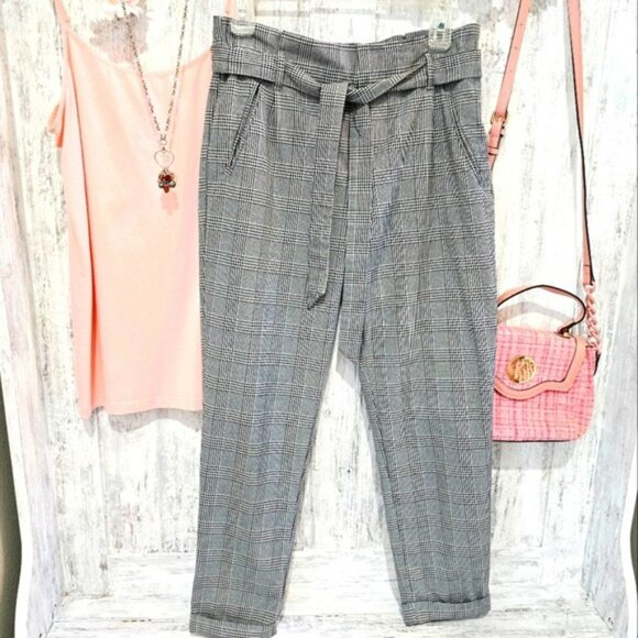 Zara Women's Plaid Trousers Dress Pants Size Small Black White Pull On Cuffs - Picture 2 of 15